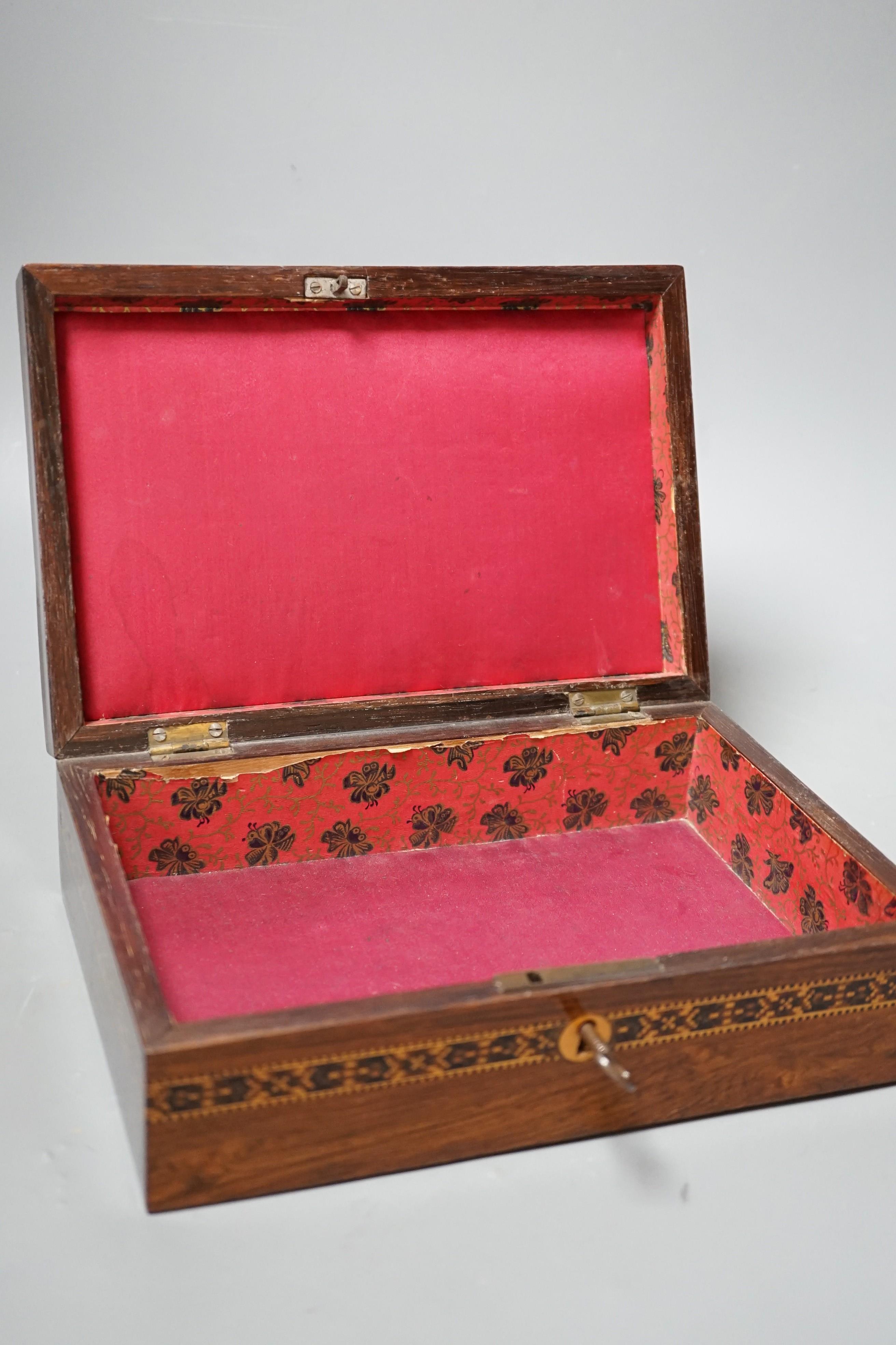 A Tunbridge ware rosewood ‘roses’ box and cover, late 19th century, 22.5cm wide